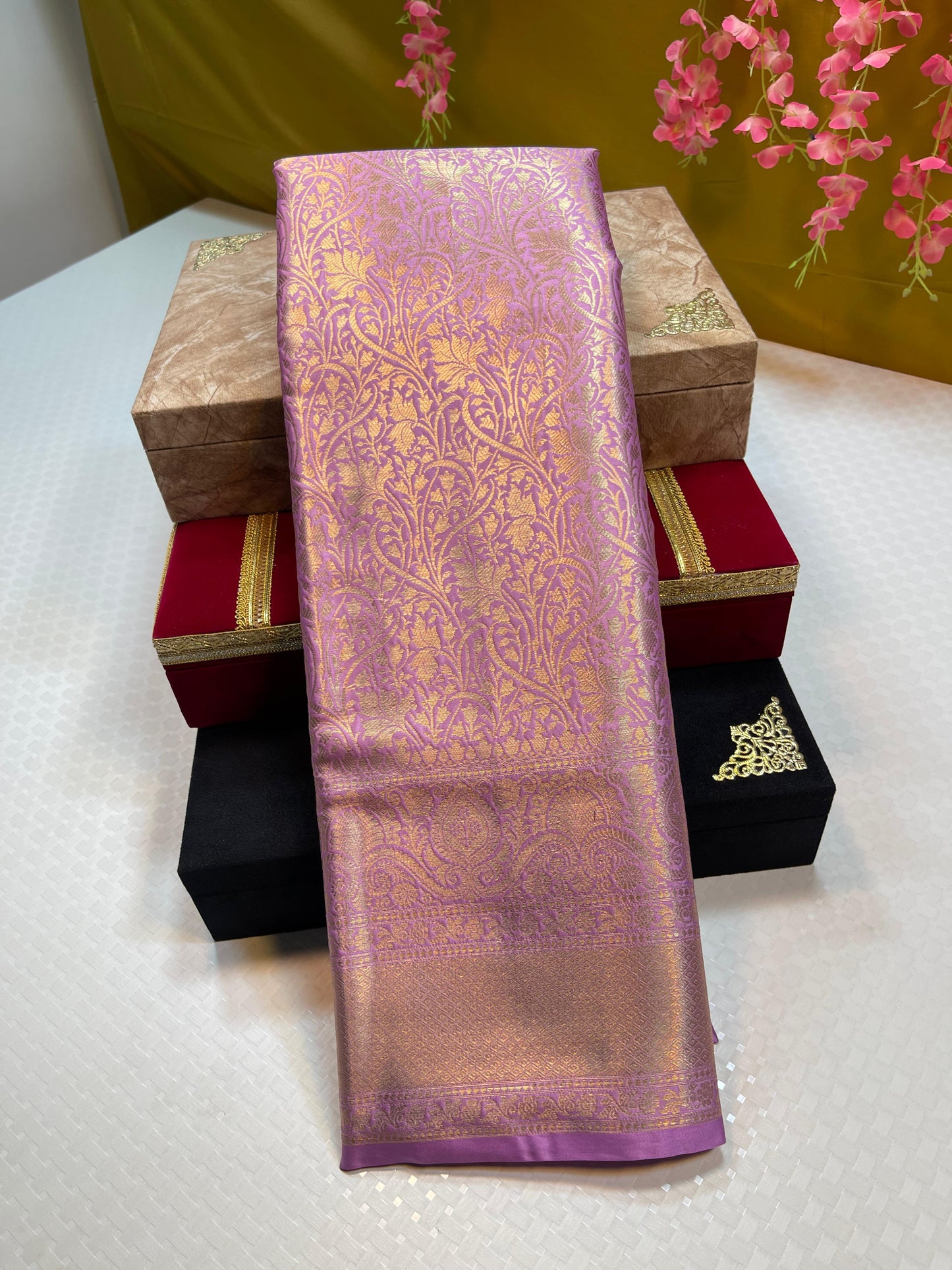 Light Purple Semi Kanchi Silk Floral Zari Jaal Banarasi Saree MS_SK5