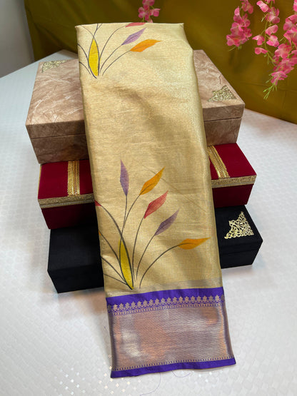 Gold Tissue Silk Handbrush Painted Floral Boota with Contrast Blue Border MS_TS1