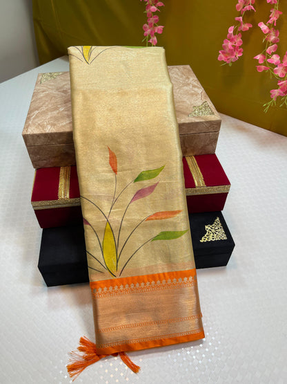 Gold Tissue Silk Handbrush Painted Floral Boota with Contrast Orange Border MS_TS3