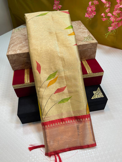 Gold Tissue Silk Handbrush Painted Floral Boota with Contrast Red Border MS_TS2