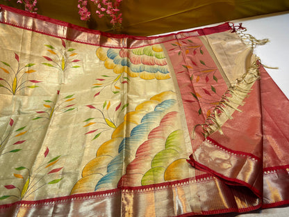 Gold Tissue Silk Handbrush Painted Floral Boota with Contrast Red Border MS_TS2