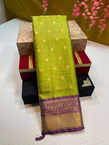 Pista Green Gadhwal Silk Floral Zari Booti with Contrast Purple Border Banarasi Saree MS_GS1