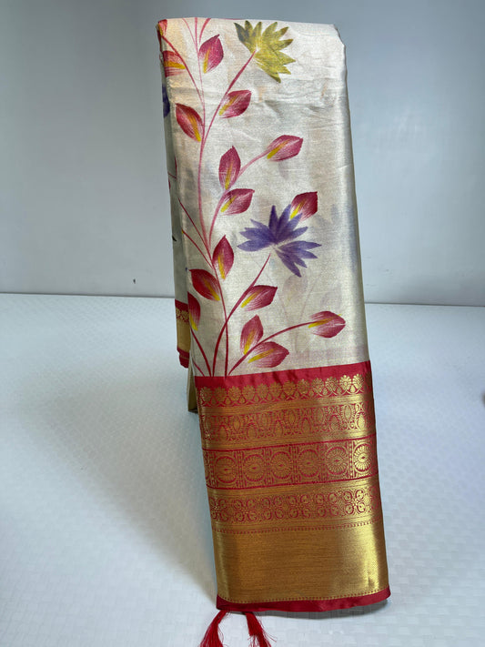 Beige Moose Tissue Silk Handpainted Floral Jaal Contrast Red Border Banarasi Saree MS_MTS1