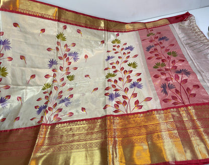 Beige Moose Tissue Silk Handpainted Floral Jaal Contrast Red Border Banarasi Saree MS_MTS1