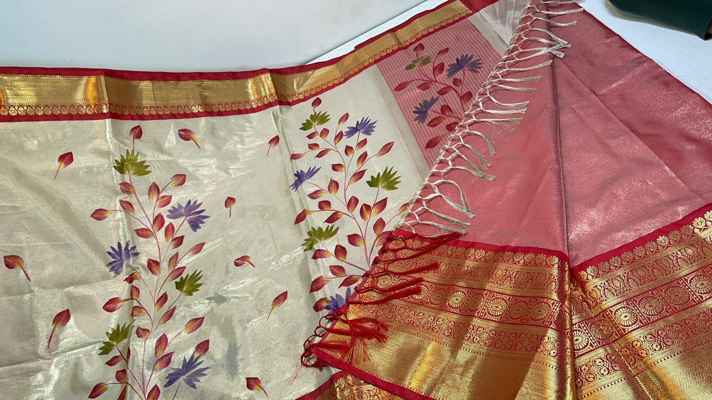 Beige Moose Tissue Silk Handpainted Floral Jaal Contrast Red Border Banarasi Saree MS_MTS1