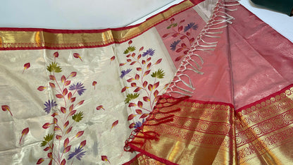 Beige Moose Tissue Silk Handpainted Floral Jaal Contrast Red Border Banarasi Saree MS_MTS1