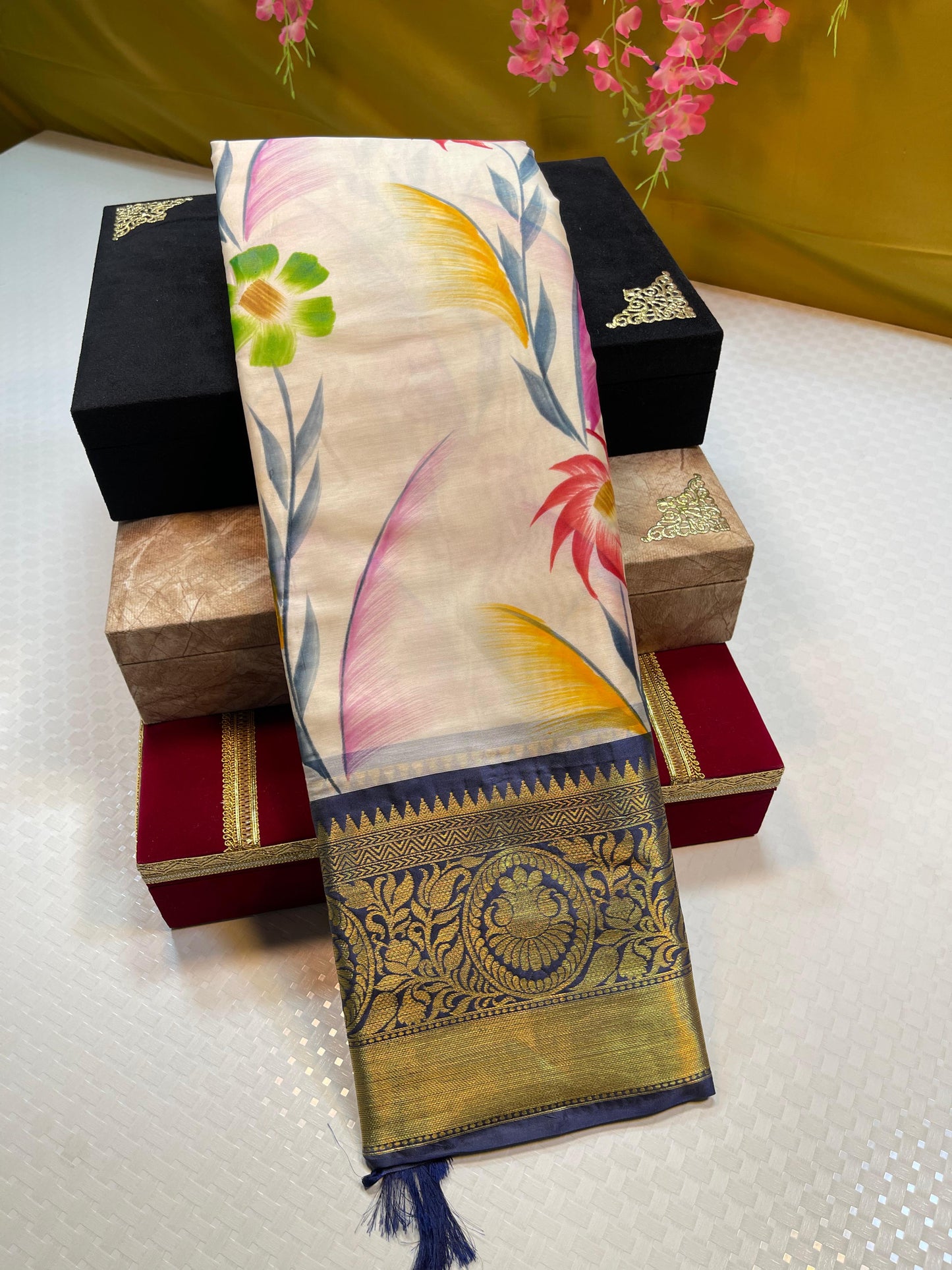 Beige Mulberry Silk Handpainted Floral Boota Jaal Contrast Navy Blue Border MS_ML3