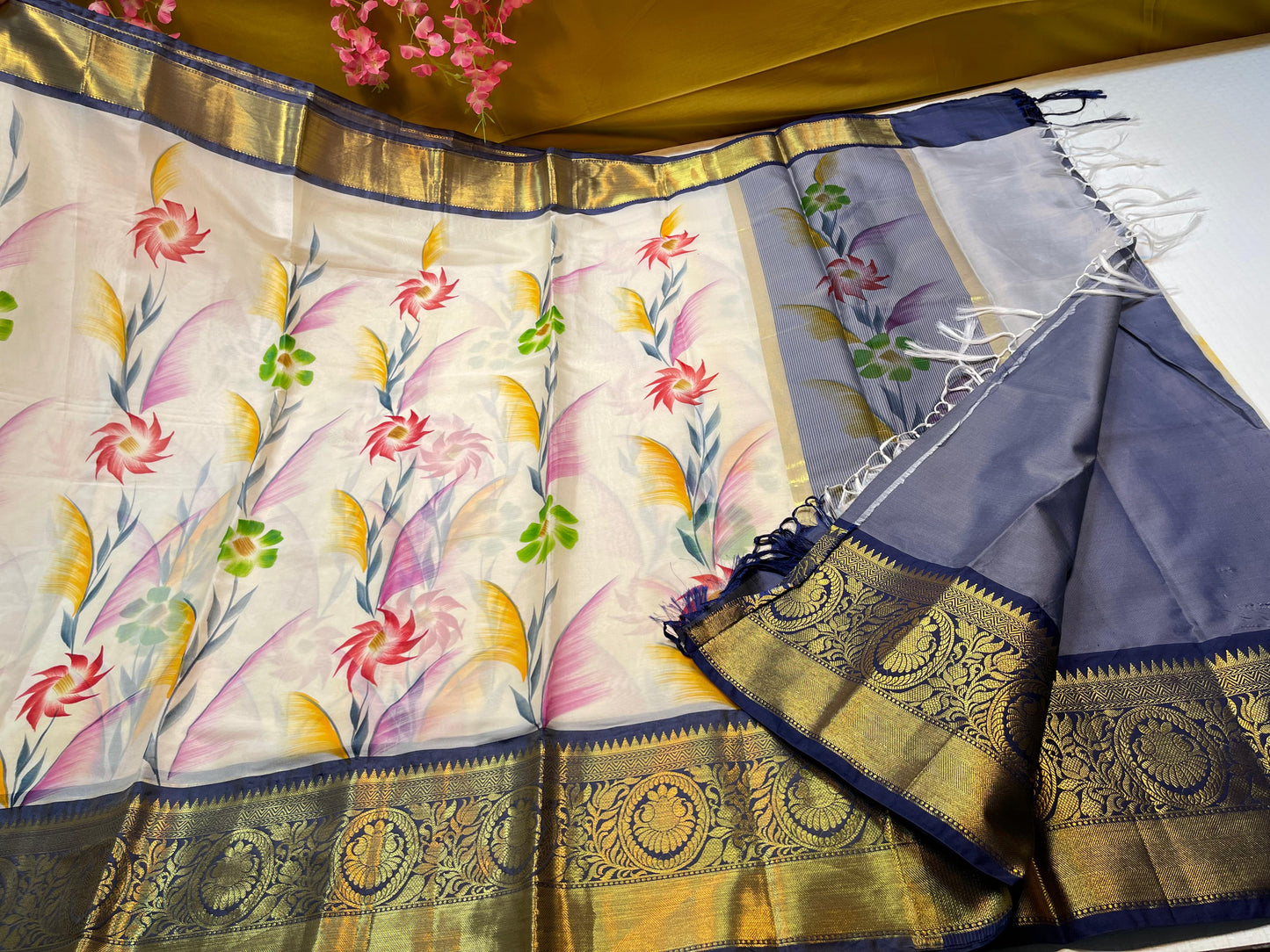 Beige Mulberry Silk Handpainted Floral Boota Jaal Contrast Navy Blue Border MS_ML3