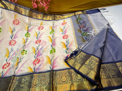 Beige Mulberry Silk Handpainted Floral Boota Jaal Contrast Navy Blue Border MS_ML3