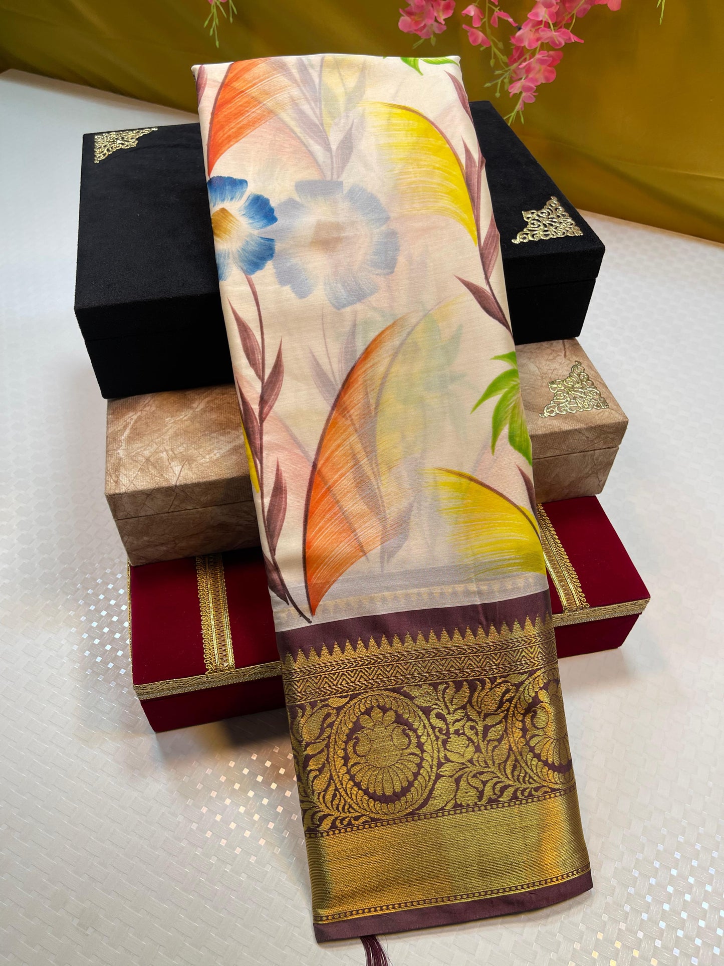 Beige Mulberry Silk Handpainted Floral Boota Jaal Contrast Wine Border MS_ML4