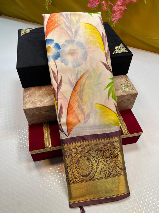 Beige Mulberry Silk Handpainted Floral Boota Jaal Contrast Wine Border MS_ML4