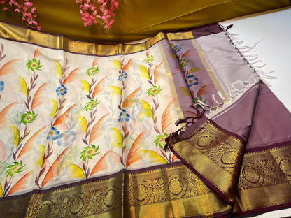 Beige Mulberry Silk Handpainted Floral Boota Jaal Contrast Wine Border MS_ML4