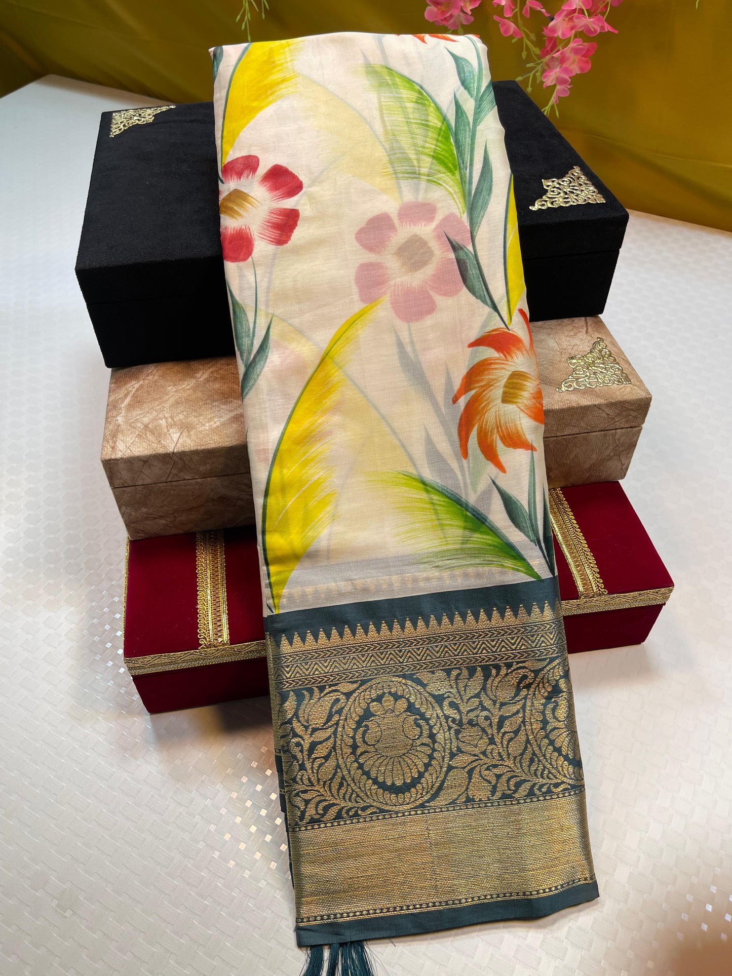 Beige Mulberry Silk Handpainted Floral Boota Jaal Contrast Violet Blue Border MS_ML2