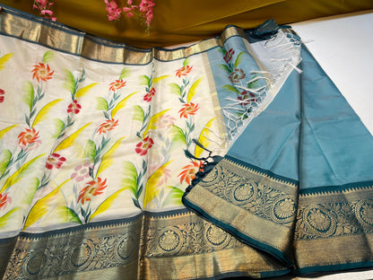 Beige Mulberry Silk Handpainted Floral Boota Jaal Contrast Violet Blue Border MS_ML2