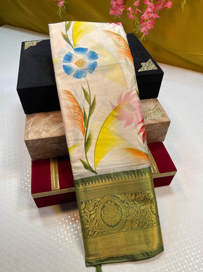 Beige Mulberry Silk Handpainted Floral Boota Jaal Contrast Purple Border MS_ML7