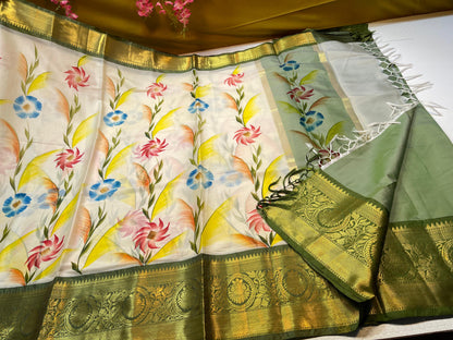 Beige Mulberry Silk Handpainted Floral Boota Jaal Contrast Purple Border MS_ML7