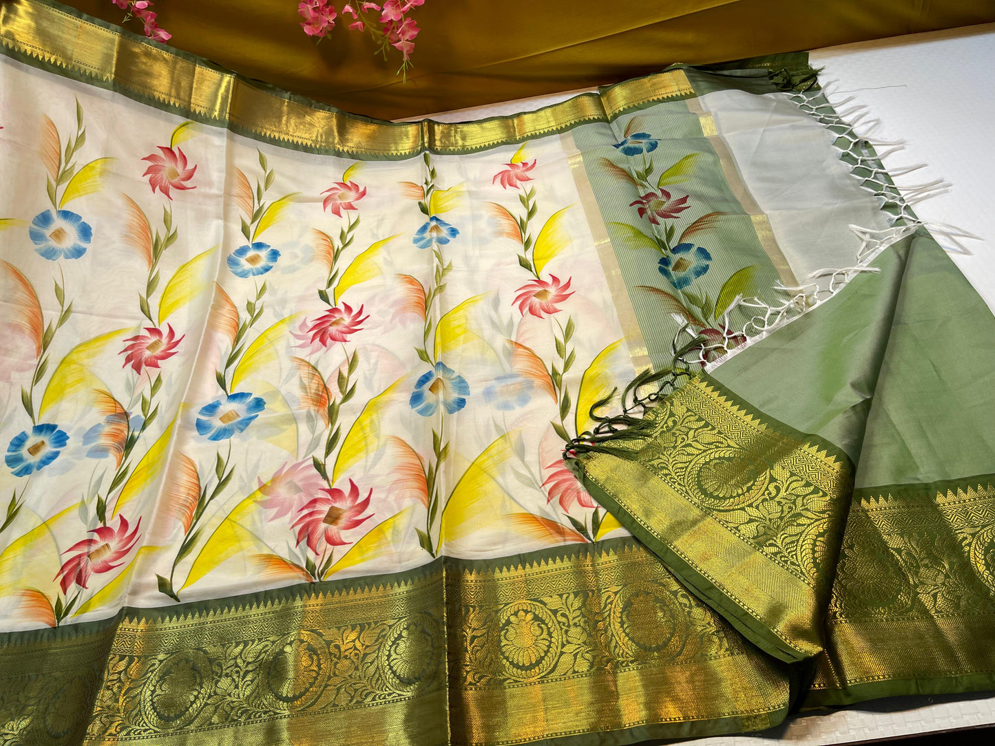 Beige Mulberry Silk Handpainted Floral Boota Jaal Contrast Dark Green Border MS_ML1