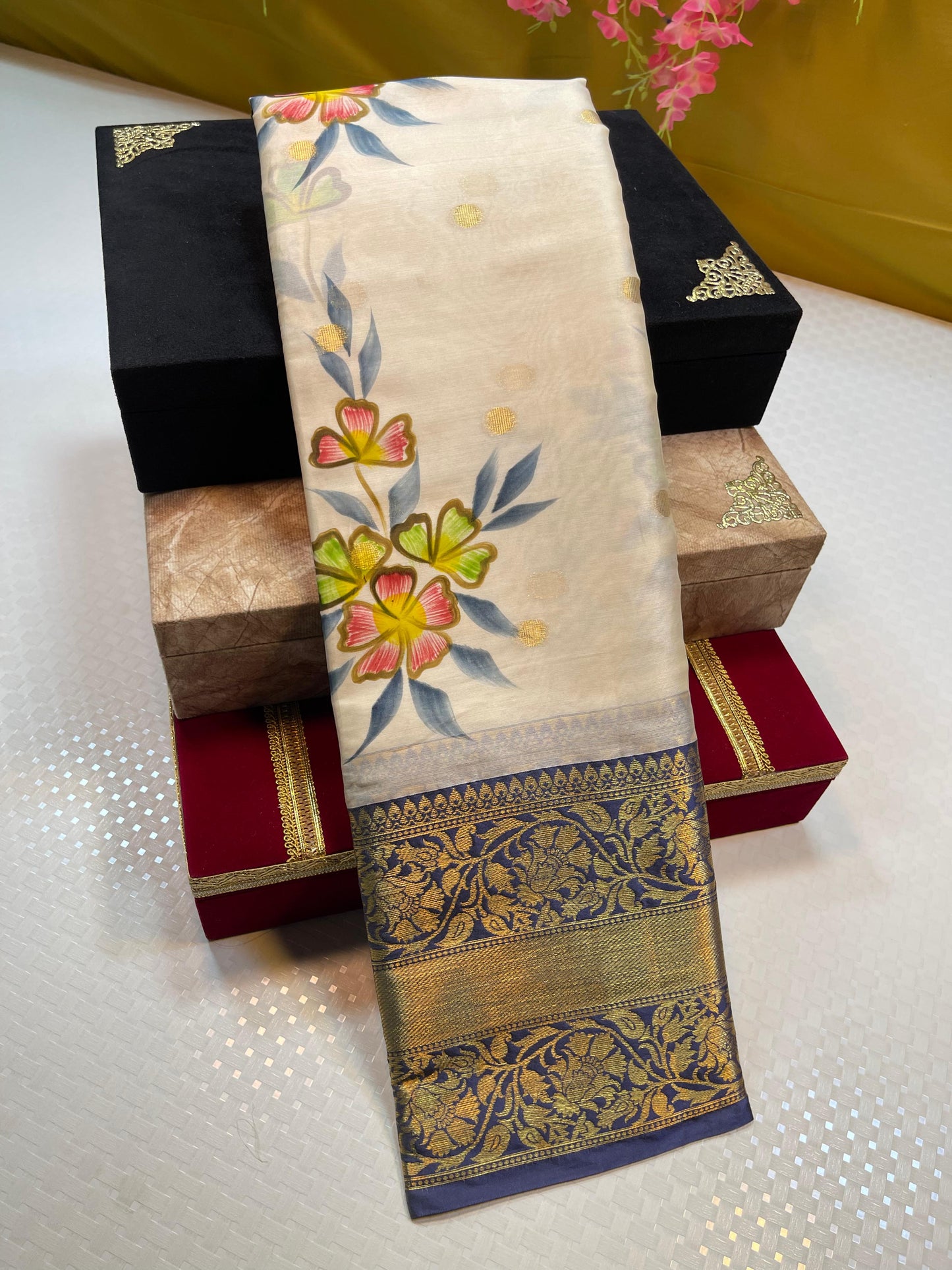 Beige Mulberry Silk Handpainted Floral Boota Jaal Contrast Navy Blue Border MS_ML6