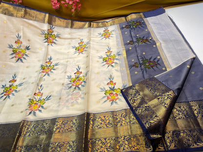 Beige Mulberry Silk Handpainted Floral Boota Jaal Contrast Navy Blue Border MS_ML6