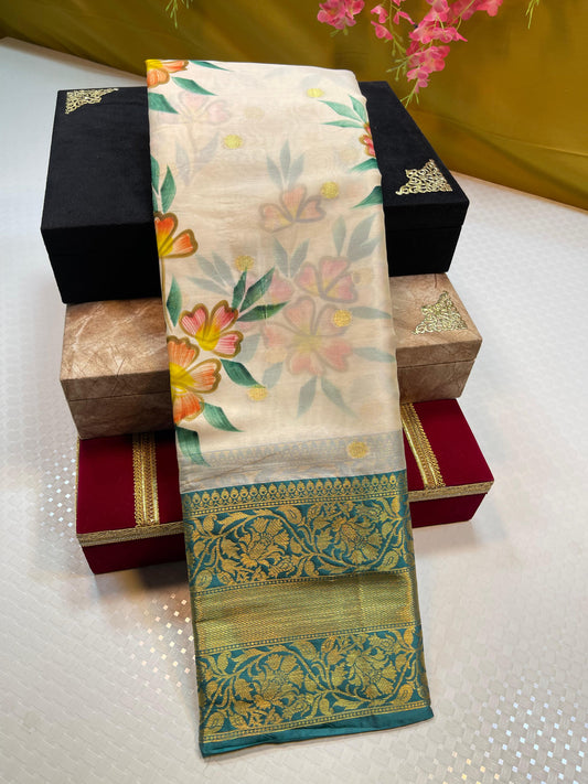 Beige Mulberry Silk Handpainted Floral Boota Jaal Contrast Sky Blue Border MS_ML5