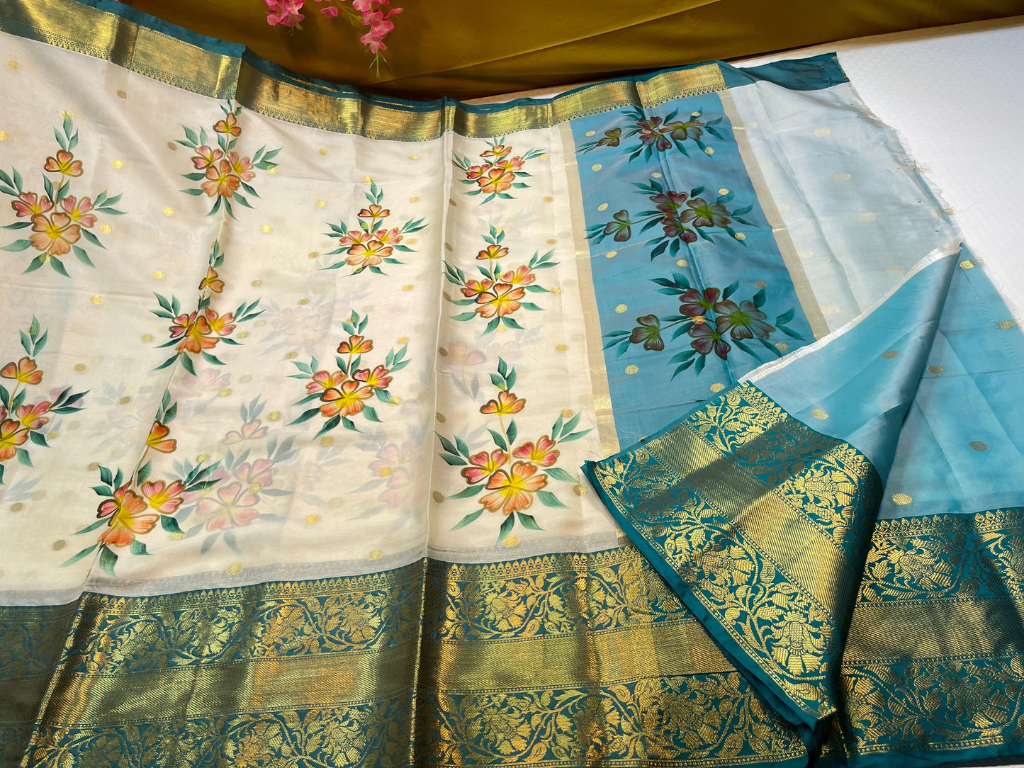 Beige Mulberry Silk Handpainted Floral Boota Jaal Contrast Sky Blue Border MS_ML5