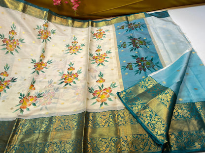 Beige Mulberry Silk Handpainted Floral Boota Jaal Contrast Sky Blue Border MS_ML5