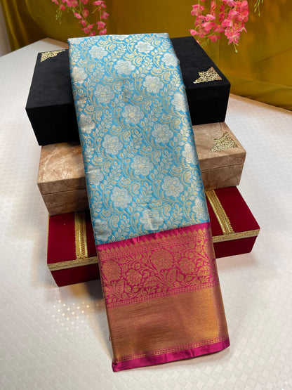 Blue Semi Pure Kanjeevaram Silk Contrast Magenta Border Banarasi Saree MS_KS5