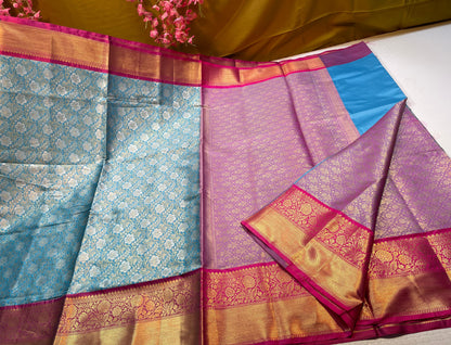 Blue Semi Pure Kanjeevaram Silk Contrast Magenta Border Banarasi Saree MS_KS5