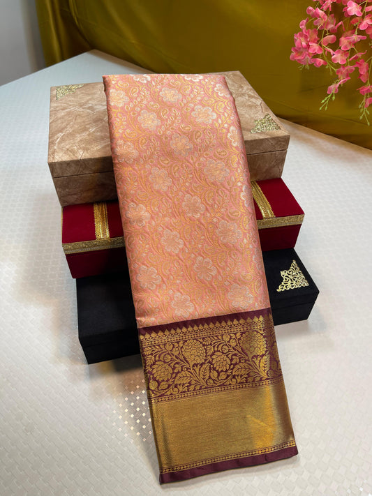 Peach Semi Pure Kanjeevaram Silk Contrast Brown Border Banarasi Saree MS_KS7
