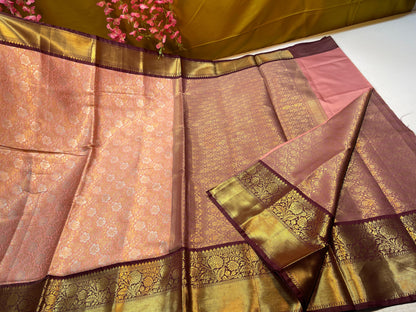 Peach Semi Pure Kanjeevaram Silk Contrast Brown Border Banarasi Saree MS_KS7
