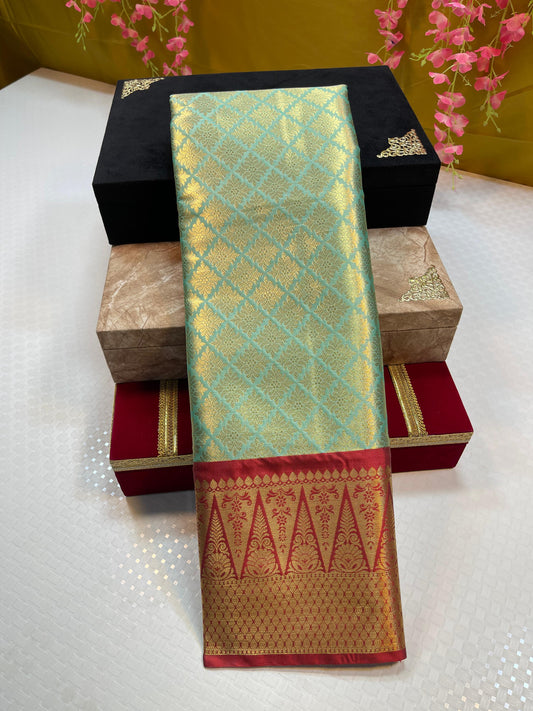 Seagreen Semi Kanchi Silk Brocade Contrast Red Border Banarasi Saree MS_SK6
