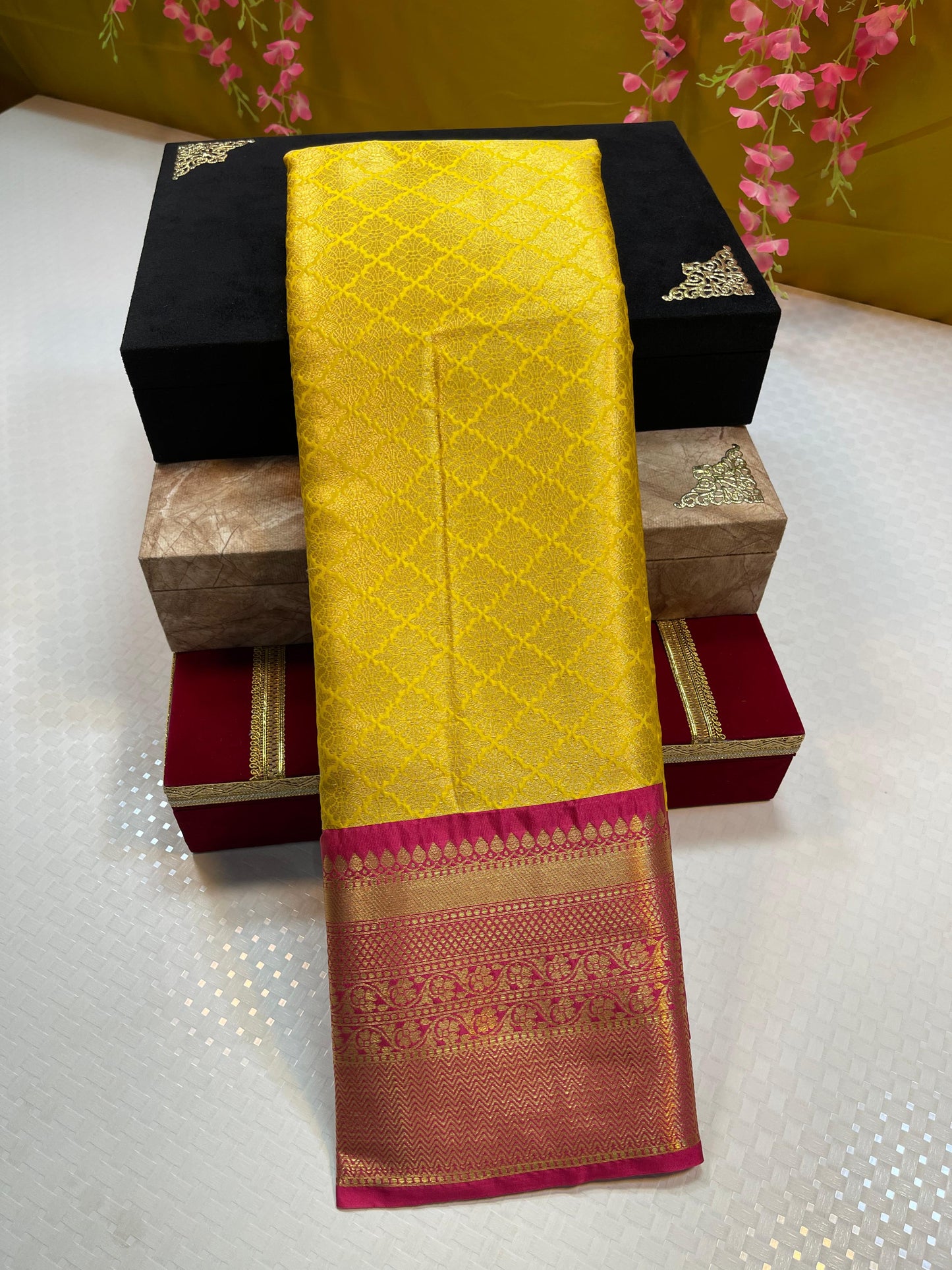 Yellow Semi Kanchi Silk Brocade Contrast Pink Border Banarasi Saree MS_SK7