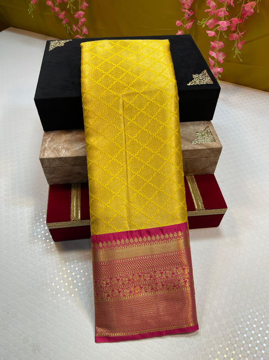 Yellow Semi Kanchi Silk Brocade Contrast Pink Border Banarasi Saree MS_SK7