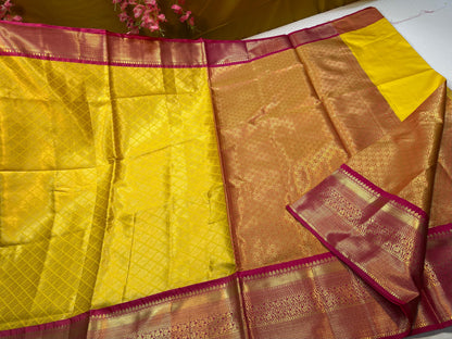 Yellow Semi Kanchi Silk Brocade Contrast Pink Border Banarasi Saree MS_SK7