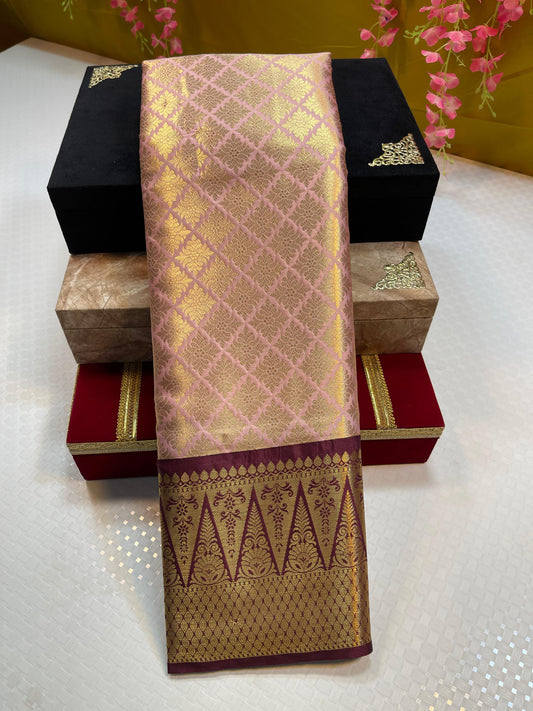 Peach Semi Kanchi Silk Brocade Contrast Brown Border Banarasi Saree MS_SK8