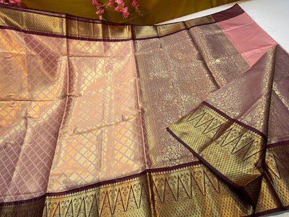 Peach Semi Kanchi Silk Brocade Contrast Brown Border Banarasi Saree MS_SK8