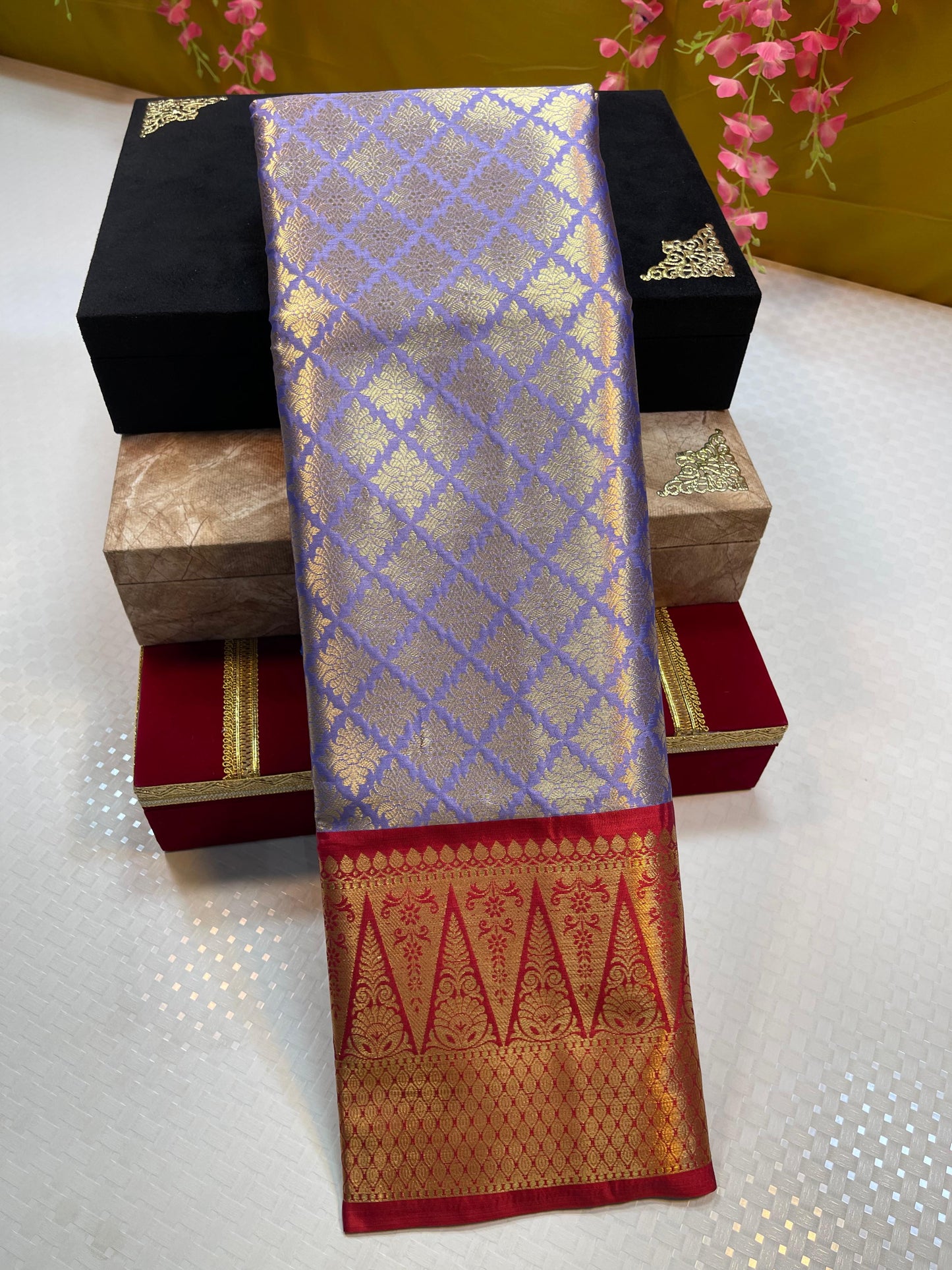 Blue Semi Kanchi Silk Brocade Contrast Red Border Banarasi Saree MS_SK9