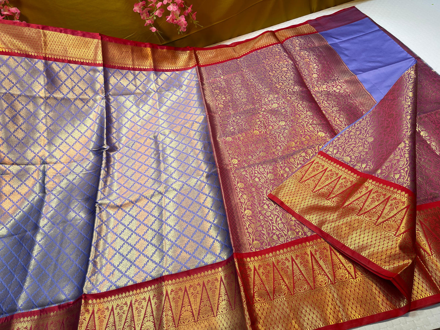 Blue Semi Kanchi Silk Brocade Contrast Red Border Banarasi Saree MS_SK9
