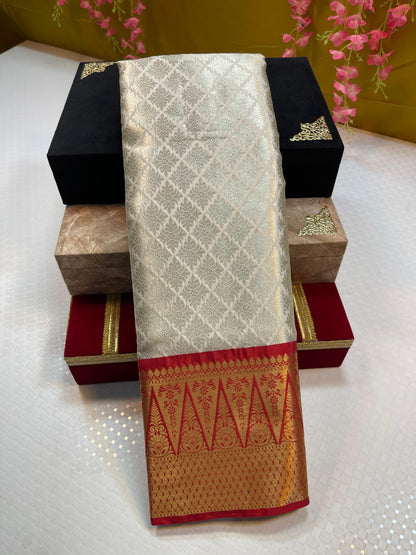 Off white Semi Kanchi Silk Brocade Contrast Red Border Banarasi Saree MS_SK13