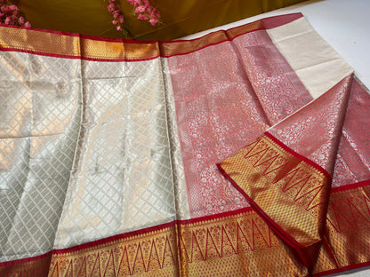 Off white Semi Kanchi Silk Brocade Contrast Red Border Banarasi Saree MS_SK13