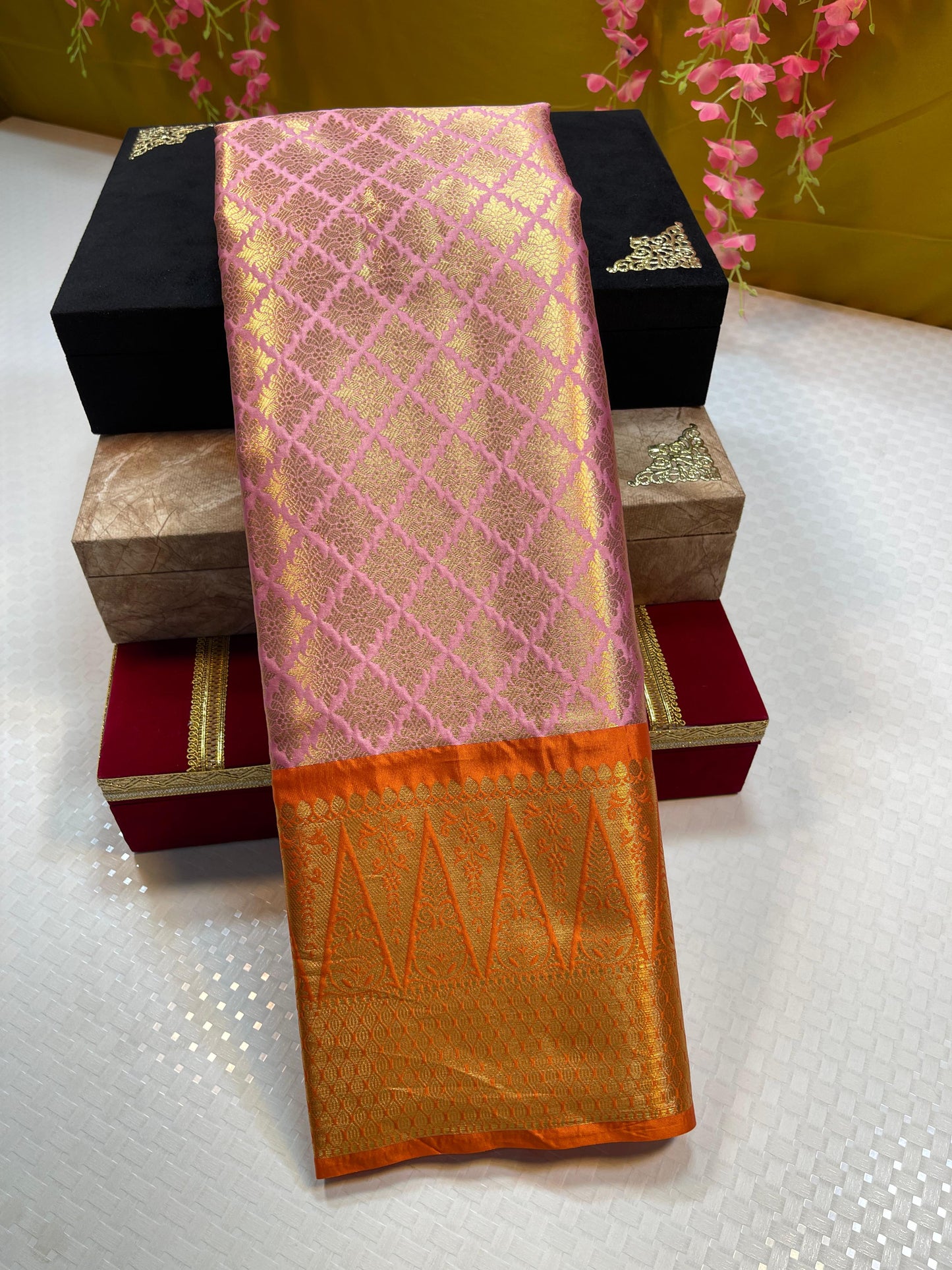 Peach Semi Kanchi Silk Brocade Contrast Orange Border Banarasi Saree MS_SK12