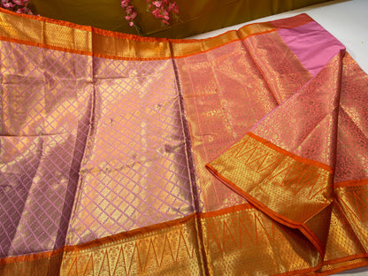 Peach Semi Kanchi Silk Brocade Contrast Orange Border Banarasi Saree MS_SK12