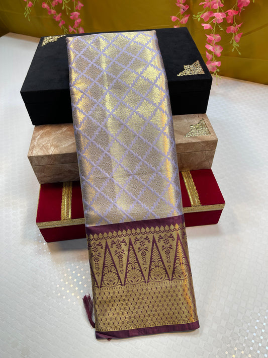Light Grey Semi Kanchi Silk Brocade Contrast Brown Border Banarasi Saree MS_SK11