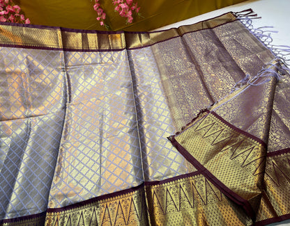 Light Grey Semi Kanchi Silk Brocade Contrast Brown Border Banarasi Saree MS_SK11