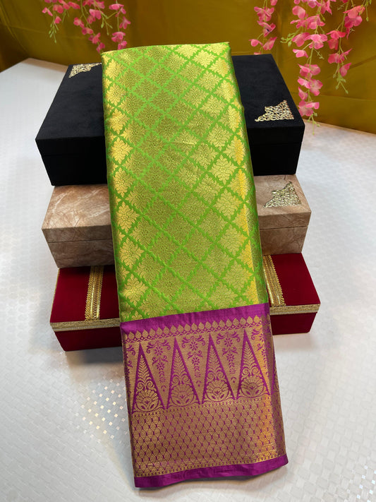 Green Semi Kanchi Silk Brocade Contrast Purple Border Banarasi Saree MS_SK10