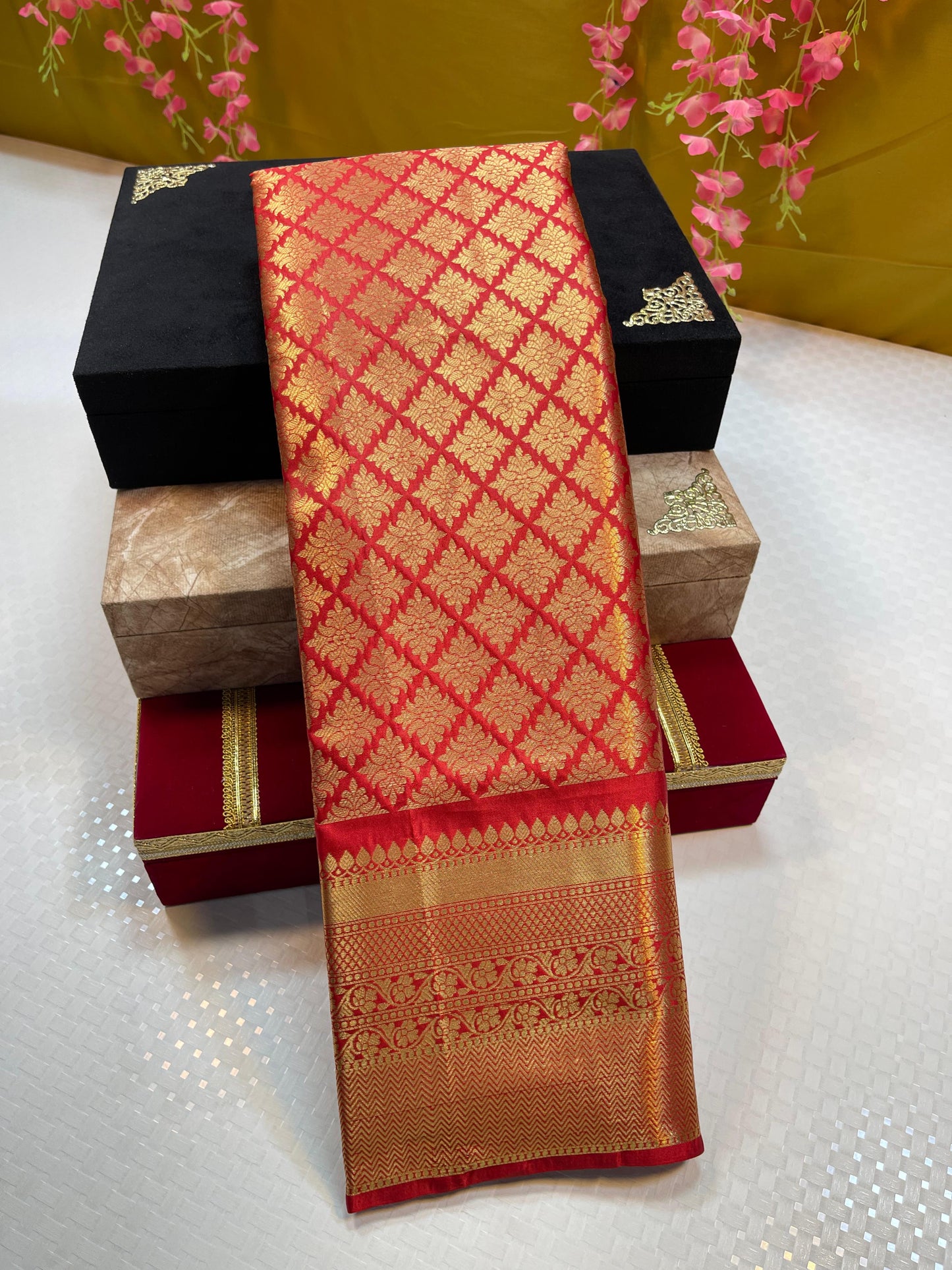 Red Semi Kanchi Silk Brocade Skirt Zari Border Banarasi Saree MS_SK14