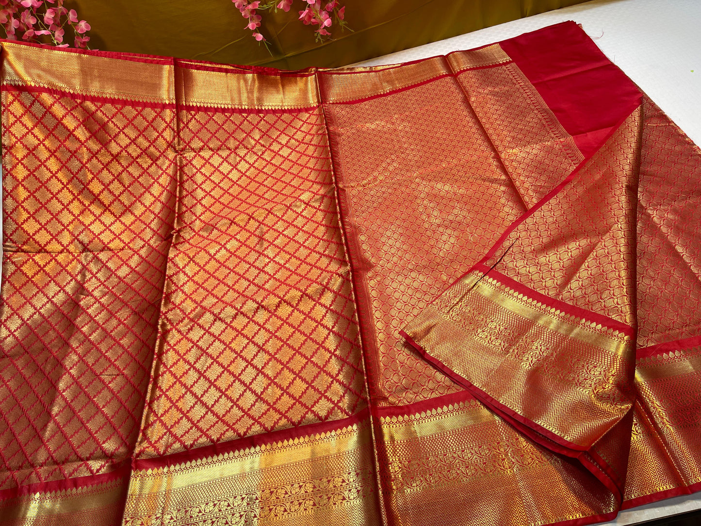 Red Semi Kanchi Silk Brocade Skirt Zari Border Banarasi Saree MS_SK14