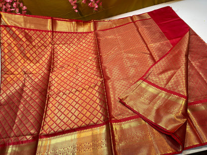 Red Semi Kanchi Silk Brocade Skirt Zari Border Banarasi Saree MS_SK14