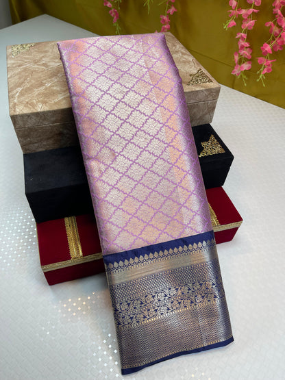 Lavender Semi Kanchi Silk Brocade Contrast Indigo Blue Zari Border Banarasi Saree MS_SK16