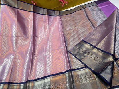 Lavender Semi Kanchi Silk Brocade Contrast Indigo Blue Zari Border Banarasi Saree MS_SK16